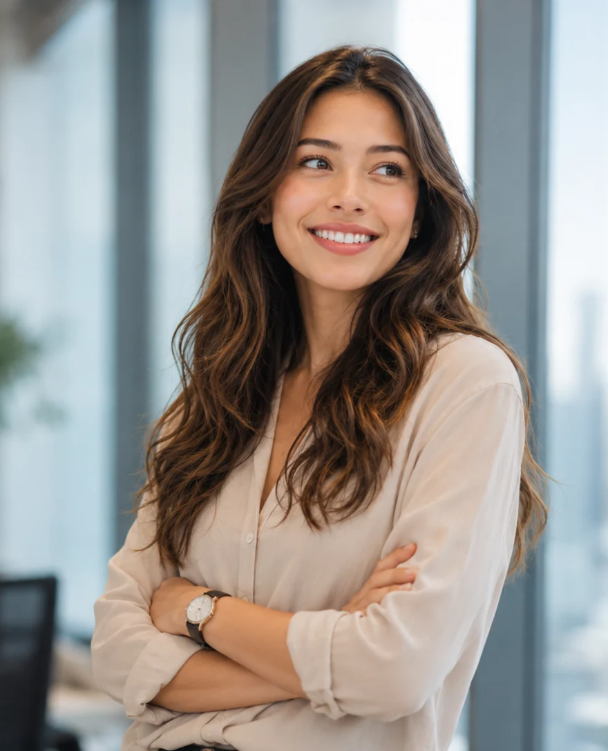 A woman smiling confidently after checking her financing eligibility