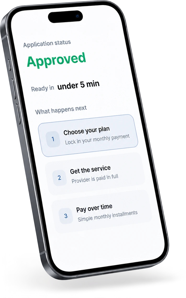 A phone showing an approved Wisetack financing offer with monthly payment options
